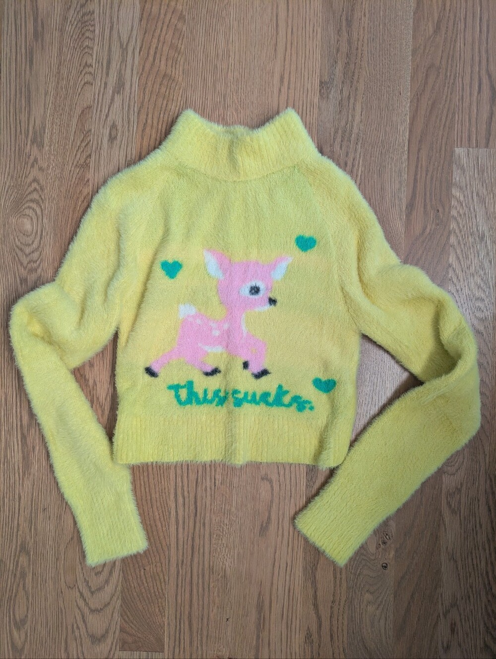 Urban Outfitters Yellow Fuzzy Deer Graphic Turtleneck Sweater